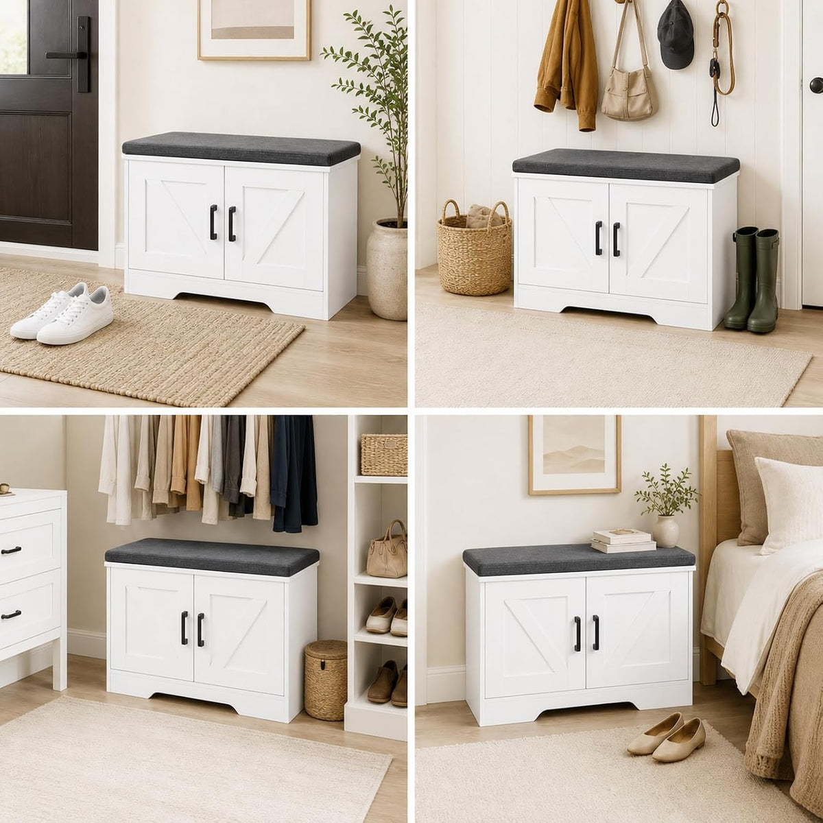 NEWBULIG Shoe Storage Bench for Entryway with Cushion, 27.6IN, White | Shoe Organizer Cabinet with Padded Cushion and Doors, Adjustable Shelves, Shoes Bench for Hallway, Mudroom, Bedroom