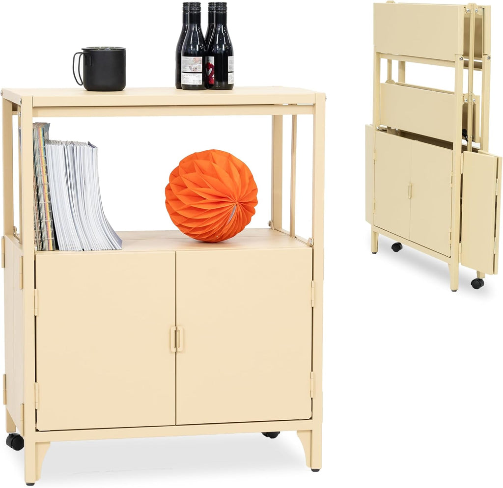 Yellow Metal Folding Storage Cabinet, Morden Foldable Sideboard, Powder Coated Steel Entryway Console Cabinet for Patio Outdoor Indoor Kitchen Bathroom, 5mins Assembly with Bolt