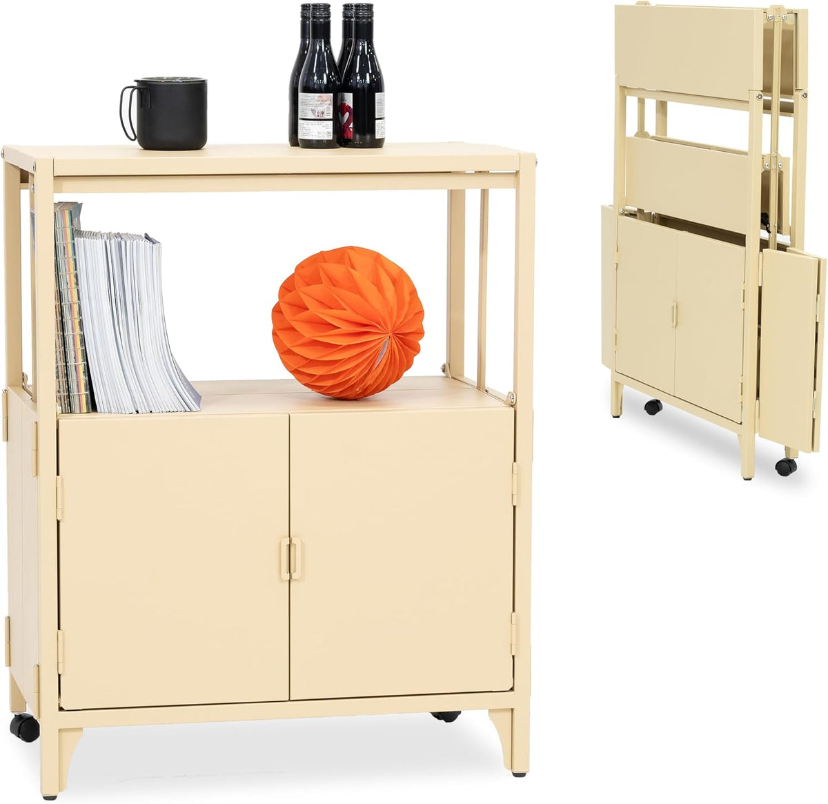 Yellow Metal Folding Storage Cabinet, Morden Foldable Sideboard, Powder Coated Steel Entryway Console Cabinet for Patio Outdoor Indoor Kitchen Bathroom, 5mins Assembly with Bolt