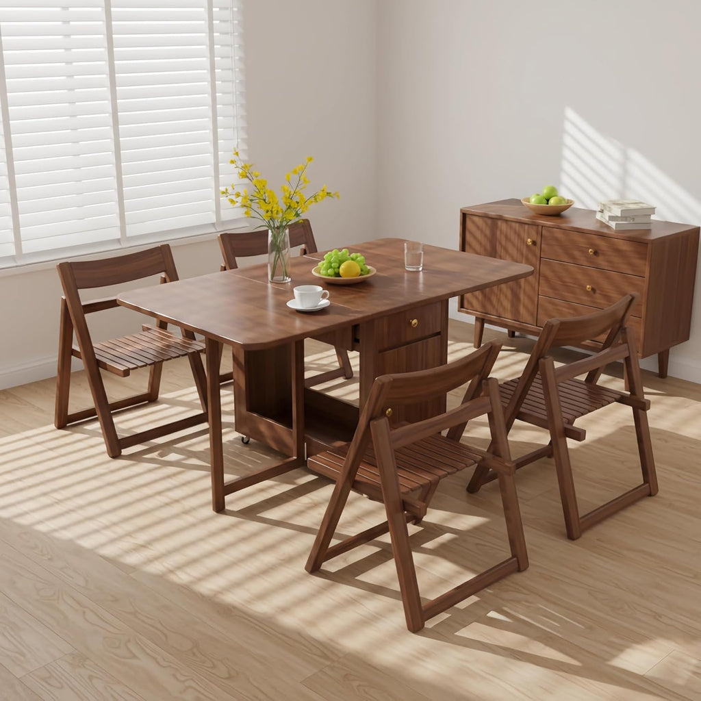 Extendable Drop Leaf Folding Dining Table with 2 Hidden Storage Drawers and 4 Wheels, No Assembly Required Space Saving Table for Small Spaces, Living Room & Kitchen (59.06 inch Table & 8 Chairs)