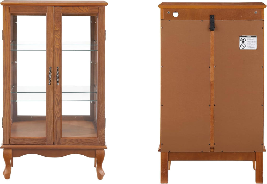 3-Tier Lighted Glass Display Curio Cabinet with 2 Tempered Glass Doors,Curio Case with Mirrored Back Panel & Adjustable Shelves,Wine Artwork Display Cabinet for Living Room,Kitchen(Oak_2)