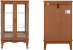 3-Tier Lighted Glass Display Curio Cabinet with 2 Tempered Glass Doors,Curio Case with Mirrored Back Panel & Adjustable Shelves,Wine Artwork Display Cabinet for Living Room,Kitchen(Oak_2)