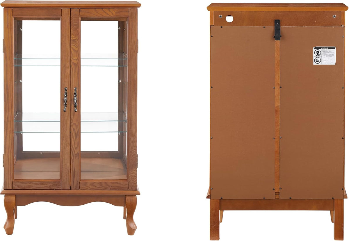 3-Tier Lighted Glass Display Curio Cabinet with 2 Tempered Glass Doors,Curio Case with Mirrored Back Panel & Adjustable Shelves,Wine Artwork Display Cabinet for Living Room,Kitchen(Oak_2)