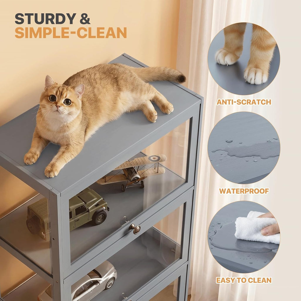 Magshion Display Cabinet, 4-Tier Curio Cabinet with Acrylic Doors | 55" Tall, 33Lbs per Shelf, Flip-up Door w/ Hidden Recess, for Collectibles, Living Room, Grey