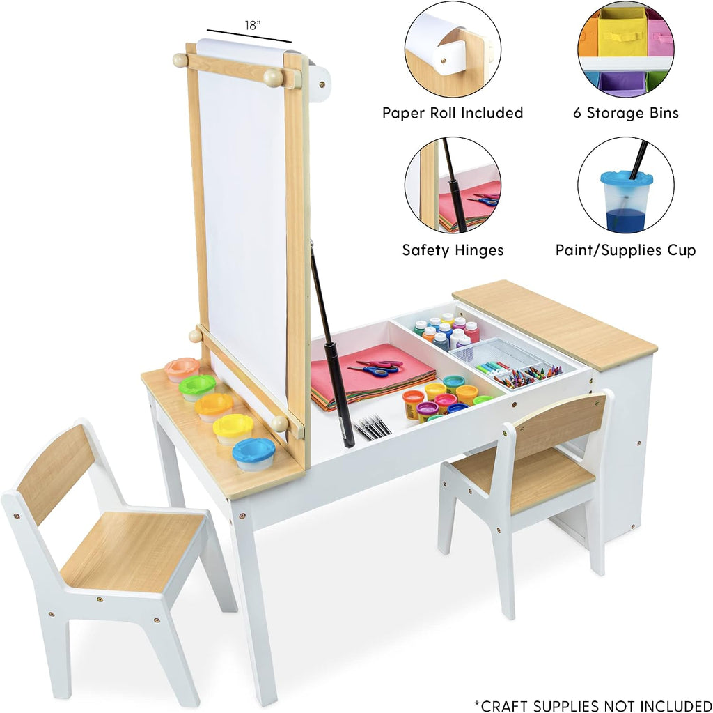 Milliard Kids Art Table Set with Chairs for Playroom, Toddler Craft and Play Wood Activity Table with Storage Bins and Paper Roll (Wood and White)