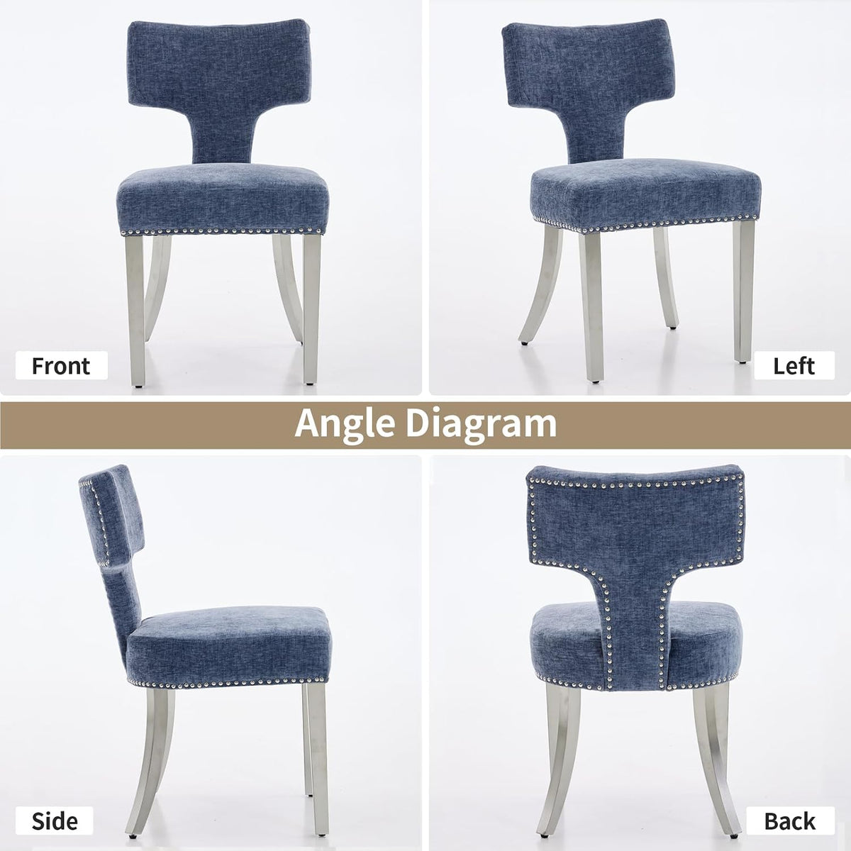 Shenyon Mid Century Modern Dining Chairs Set of 4, Chenille Fabric Upholstered Dining Room Chairs Curved Backrest with Nailhead Trim, Kitchen Chairs with Silver Stainless Steel Legs, Blue