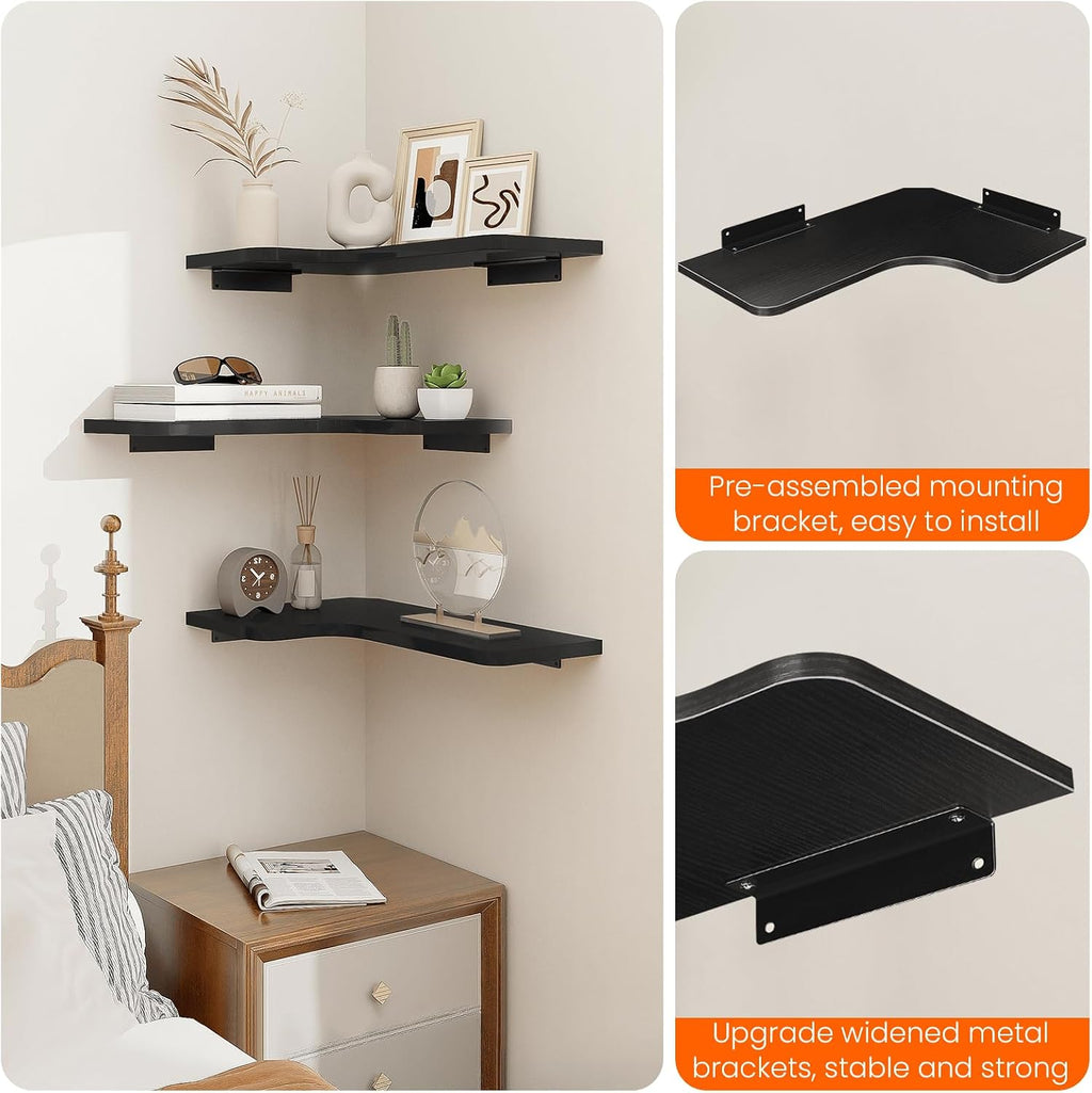 Homode Corner Shelves Wall Mounted, Set of 3 Floating Corner Shelves with Cord Hole, 3 Tier Wooden Hanging Display Shelf for Bathroom Kitchen Living Room, Black