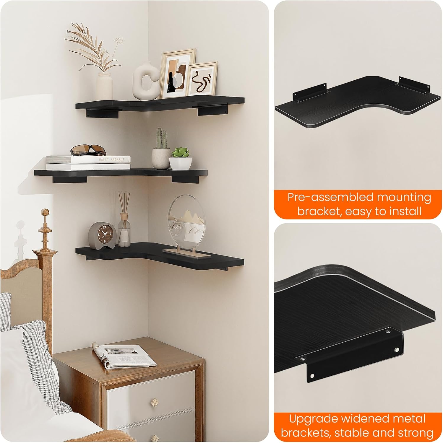 Homode Corner Shelves Wall Mounted, Set of 3 Floating Corner Shelves with Cord Hole, 3 Tier Wooden Hanging Display Shelf for Bathroom Kitchen Living Room, Black