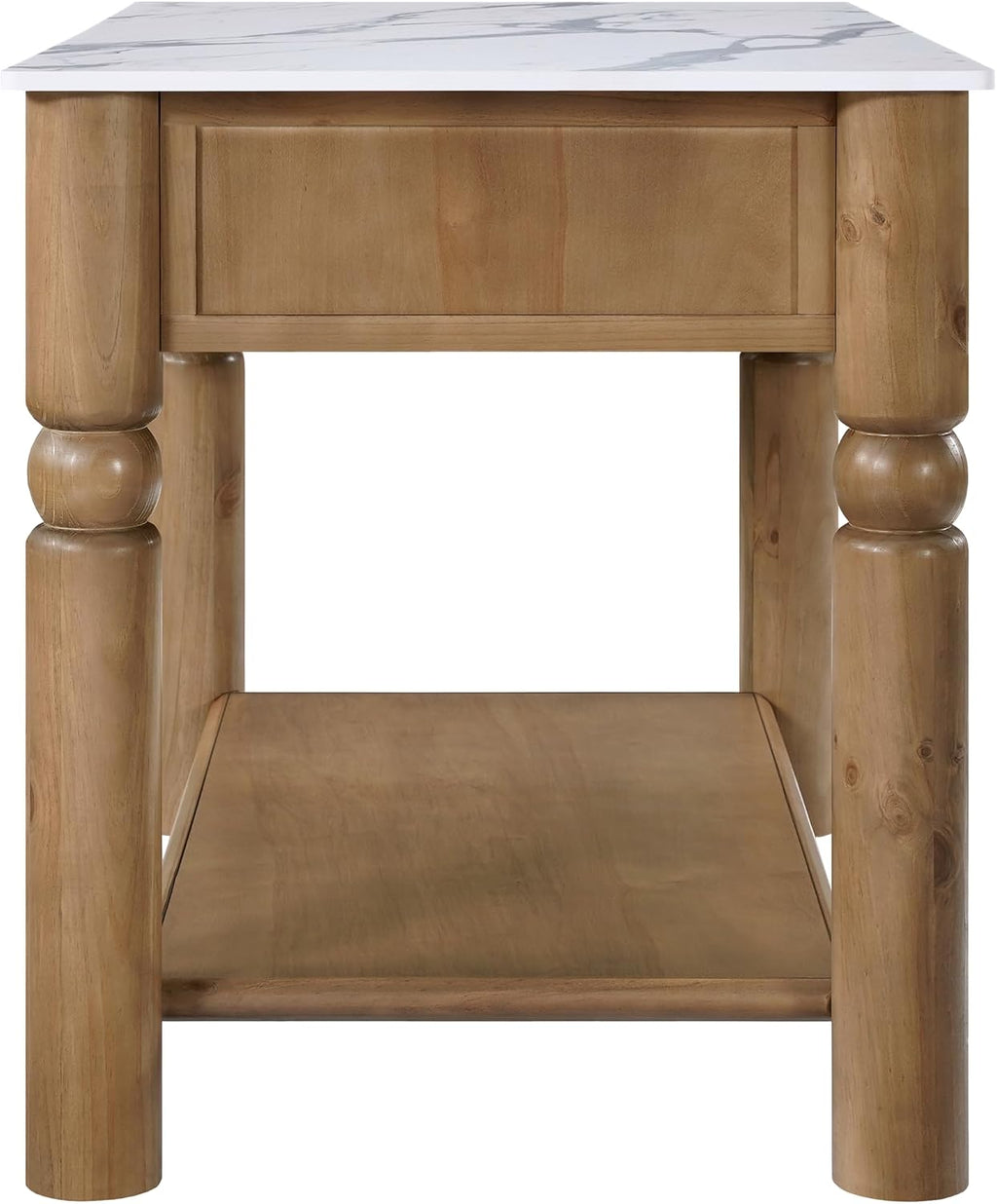 Christopher Knight Home Athen Wooden Kitchen Island with Storage & Marble-Look Tabletop, Island Table for Kitchen, Turned Ball Legs, Storage Cabinet with Drawers + Open Shelf, Walnut + White