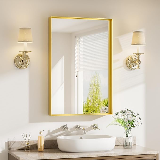 16x24 inch Gold Bathroom Mirrors for Over Sink, Metal Framed Wall Rectangle Mirror, Small Modern Bathroom Vanity Mirror, HD Tempered Glass Wall Mirror(Horizontal/Vertical)