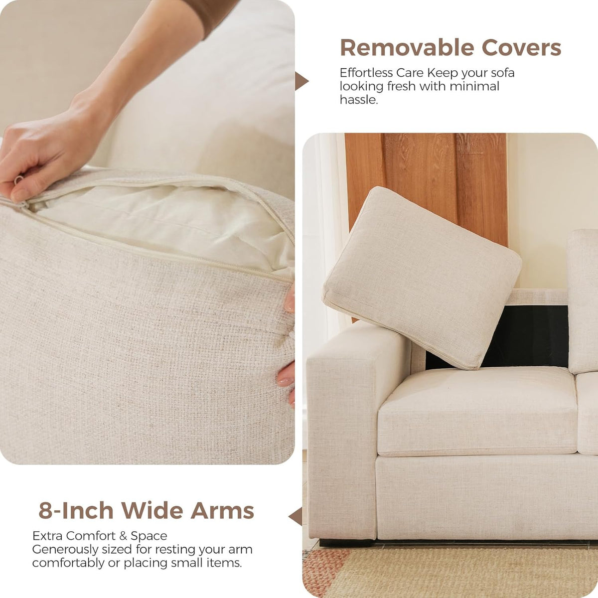 ELUCHANG 85" Modern Couches for Living Room, Natural Linen 3 Seat Sofa, Comfy Deep Seat Sofa, Spring Cushions, Removable Cover, Solid Wood Frame, Easy Assembly Loveseat for Small Space,Apartment,Beige
