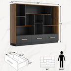 ModernMate 60" Wide Bookcase with 3 Drawers and 12 Open Cubes, Black Walnut