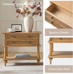 HULALA HOME Farmhouse Nightstand Set of 2 with Drawer & Open Shelf, Natural Wood End Table with Solid Wood Legs, 28.4'' Wide Sofa Side Table with Charging Station(Oak)