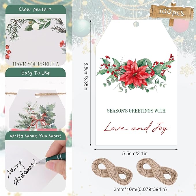 100PCS Christmas Gift Tags 10 Styles Watercolor Christmas Tree Pinecone Tags with String Celebrations Tag for Present Wrapping Xmas Holiday Seasonal Party Favors