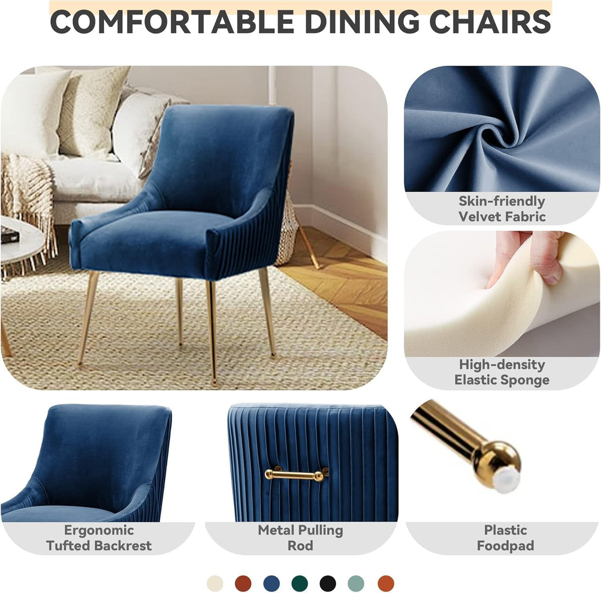Dining Chairs, Accent Chairs Set of 4, Modern Upholstered Kitchen Dining Chairs with Gold Legs, Fabric Tufted Velvet Living Room Chairs for Reception Room Bedroom Kitchen(Navy Blue)