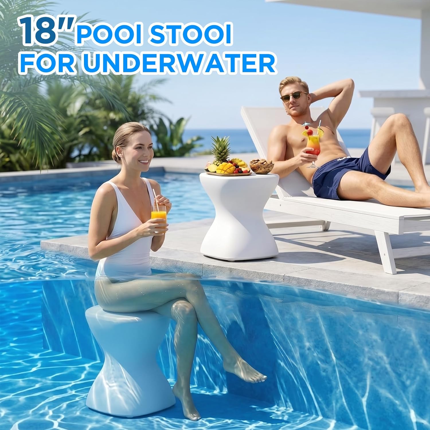 18" Pool Stool for Underwater, Pre-Weighted No-Assembly in-Pool Bar Stool, Adjustable Feet, Vinyl-Safe for Underwater Seating, Swim Up Chair for Shallow Sun Shelf (1 Pack)