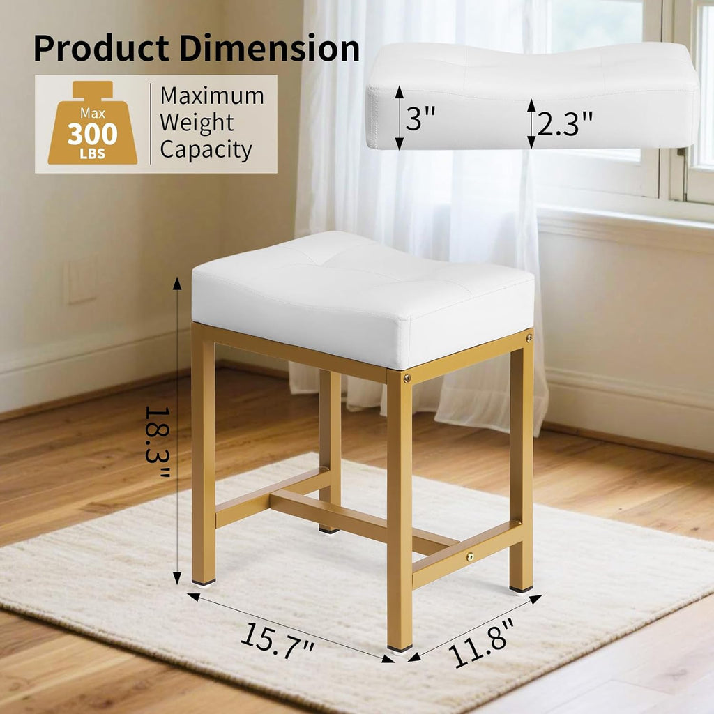 Saddle Seat Vanity Stool, Makeup Stool Chair with Metal Leg, U-Shaped PU Leather Ottoman Foot Rest, Small Square Chairs Under Desk for Vanity, Living Room, Modern Makeup Bench White&Gold