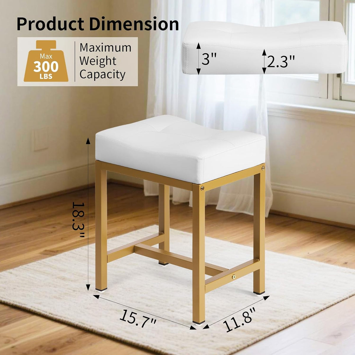 Saddle Seat Vanity Stool, Makeup Stool Chair with Metal Leg, U-Shaped PU Leather Ottoman Foot Rest, Small Square Chairs Under Desk for Vanity, Living Room, Modern Makeup Bench White&Gold