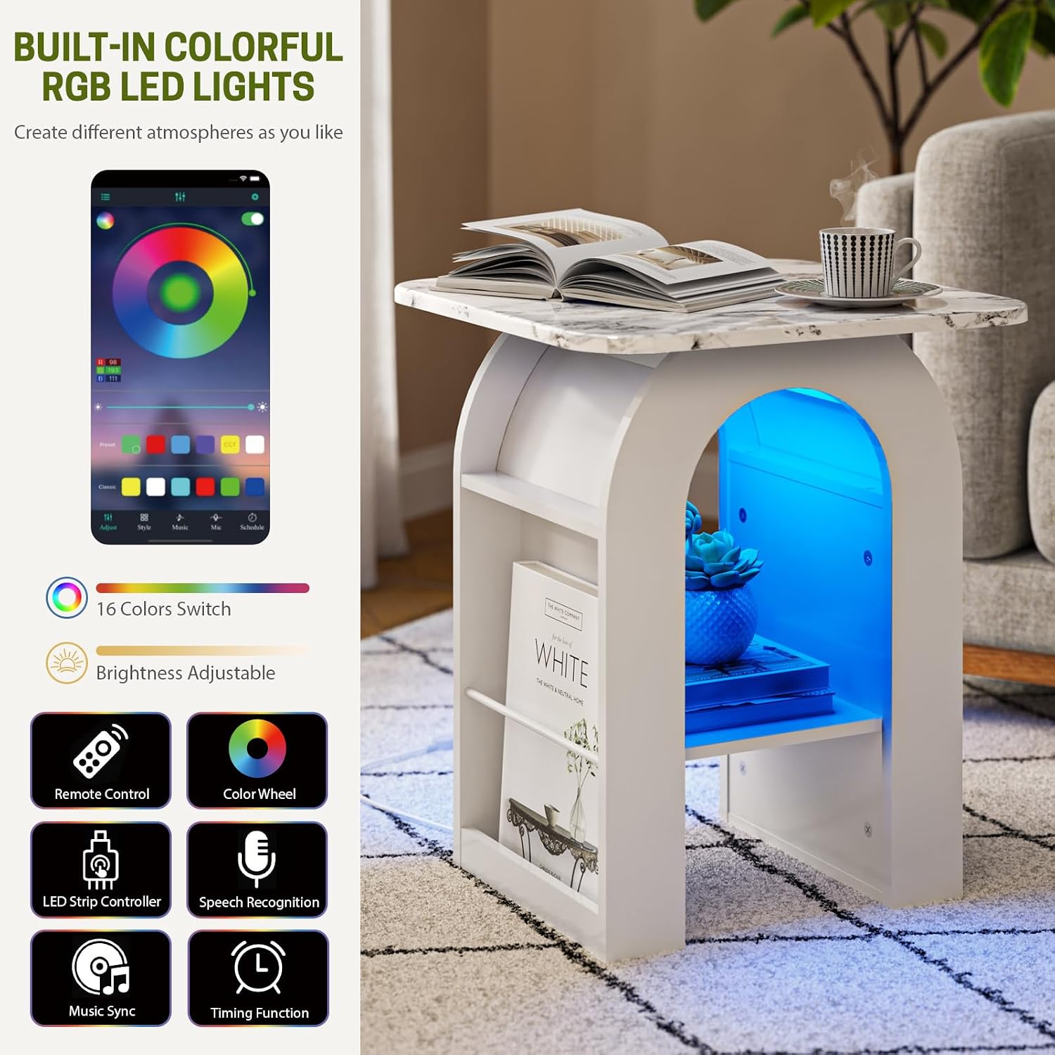 Small End Tables Living Room Set of 2 for Small Spaces,19" Marble Top Nightstand with RGB Strip, Side Table with Storage Shelf