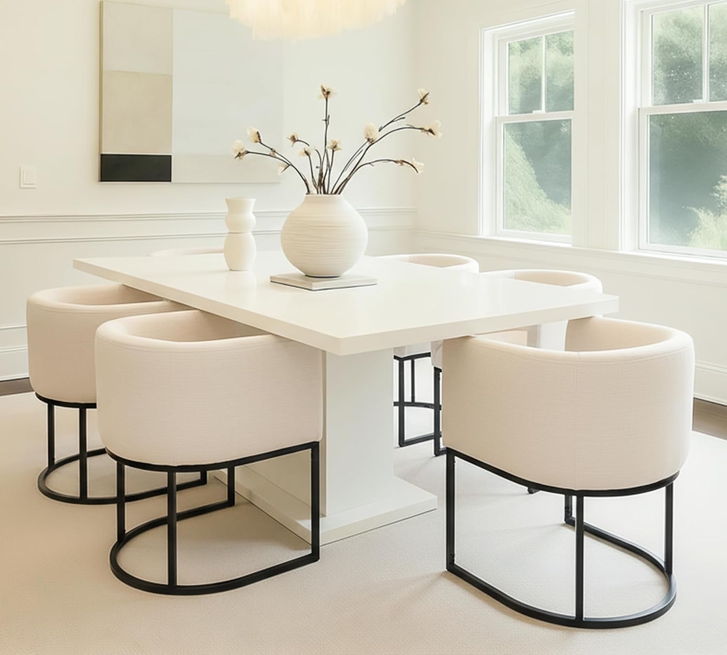 HNY Mid Century Modern Upholstered Barrel Dining Chairs with Arms Set of 2, Linen Kitchen & Dining Room Chairs, 18.5" Wide Accent Chair for Dining Room Living Room with Black Metal Frame, Cream