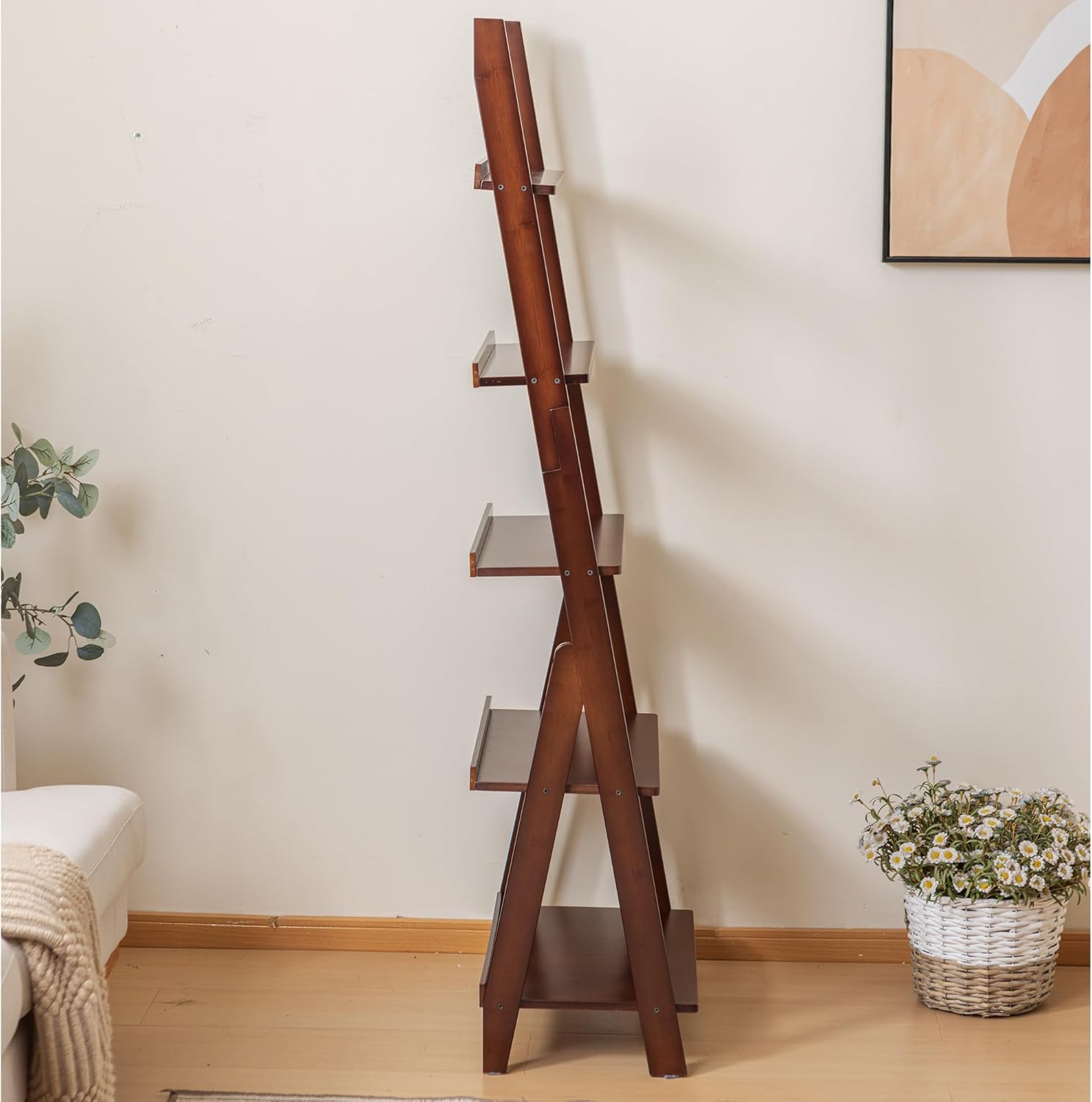 Maydear Bamboo Ladder Shelf Bookcase, 5-Tier Leaning Bookshelf Free Standing Organizer Storage Shelves for Living Room, Bedroom, Kitchen, Home Office, Balcony, Dark Walnut