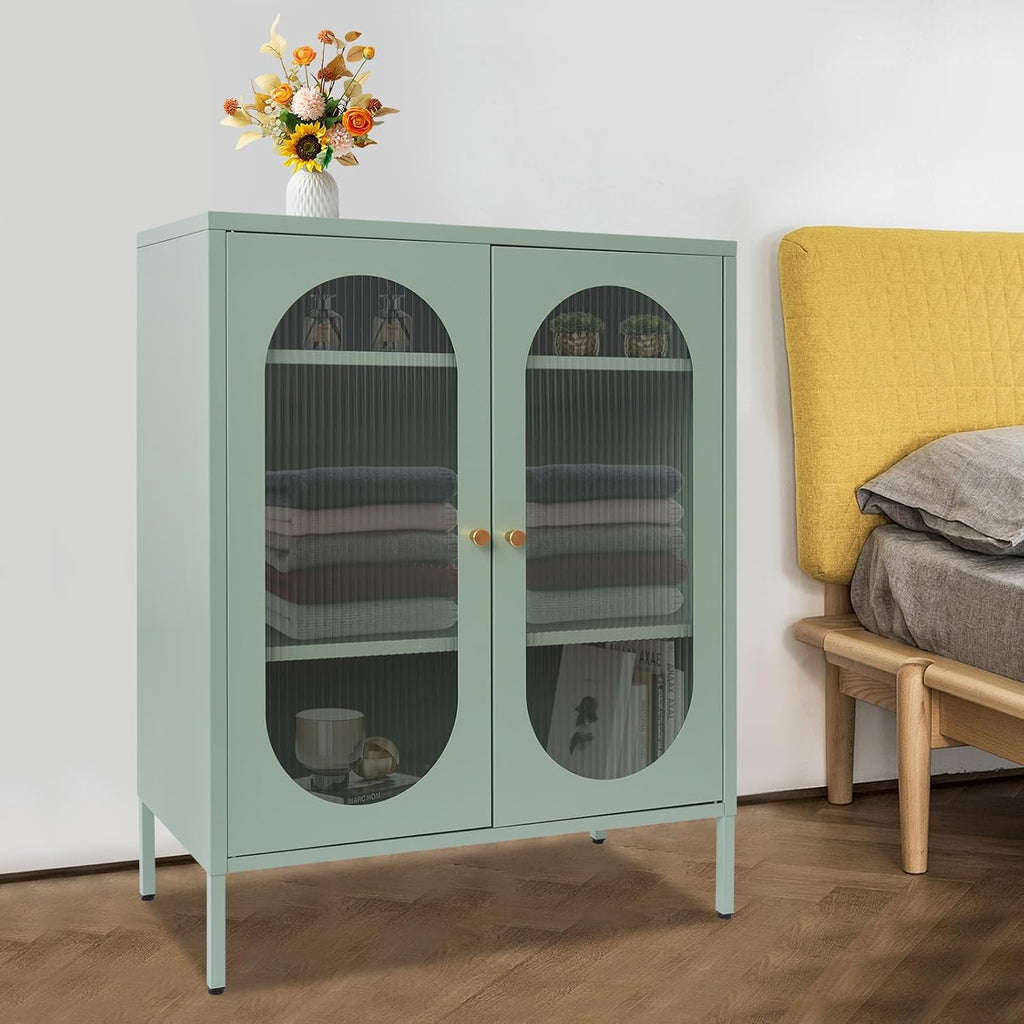 Accent Cabinet with Glass Doors – 3 Tier Storage, Modern Coffee Bar Station Pantry Cupboard Accent Cabinet for Kitchen Living Room Bedroom Bathroom, 31.5"x15.8"x40"(Green)