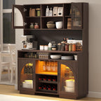 71" Tall Pantry Cabinet with Power Outlet & Pegboard, Kitchen Hutch Storage Cabinet with Arched Fluted Glass Doors, LED Lights, Wine Rack, Baskets & Adjustable Shelves, Brown