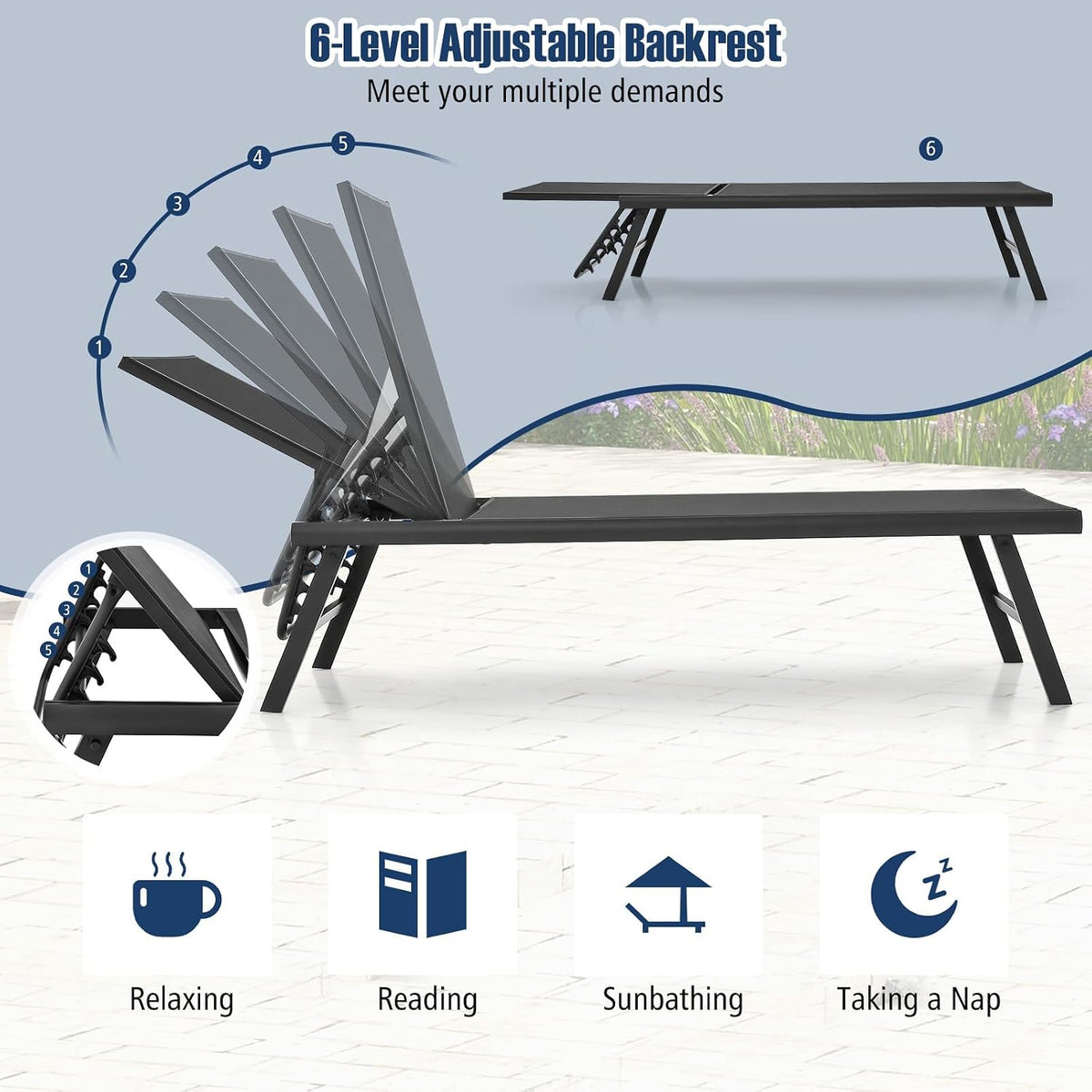 Tangkula 3 Piece Patio Chaise Lounge Set, Aluminum Patio Recliner with Coffee Table, 6-Level Backrest Adjustment, Outdoor Lounge Chair & Side Table Set for Poolside, Backyard (Black)