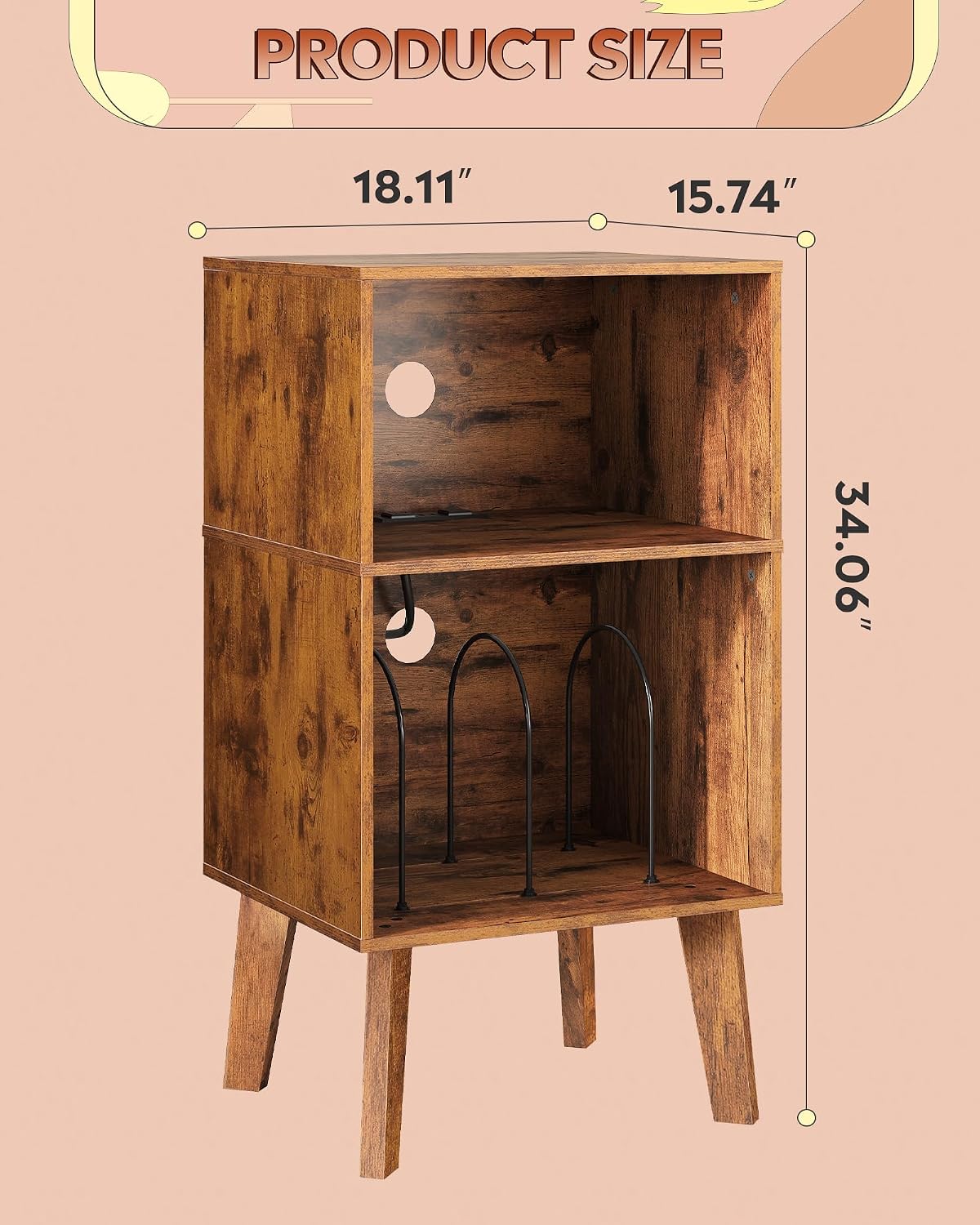WLIVE Record Player Stand, Modern Nightstand with Storage, Small Space Bedside Table, End Table for Bedroom & Living Room, Mid Century Night Stand, Rustic Brown