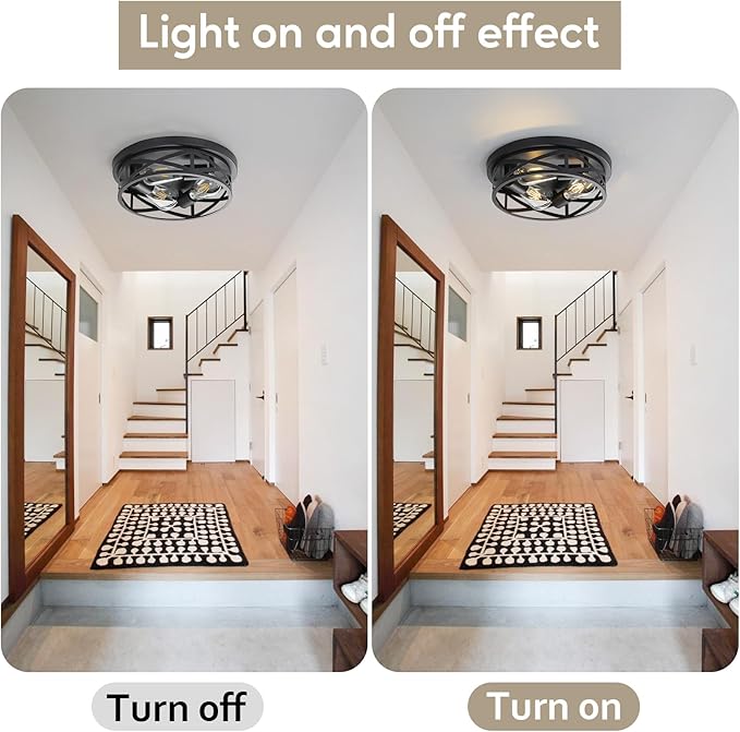 13 Inch Close to Ceiling Light Fixtures 2 Pack, 3-Lights Farmhouse Flush Mount Ceiling Light, Black Indoor Metal Cage Semi Flush Mount Ceiling Light for House Hallway Kitchen Bedroom