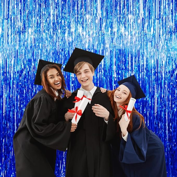 GOER 6.4 ft x 9.8 ft Metallic Tinsel Foil Fringe Curtains,Pack of 2 Party Streamer Backdrop for Birthday,Graduation Decorations and New Year Eve (Navy Blue)