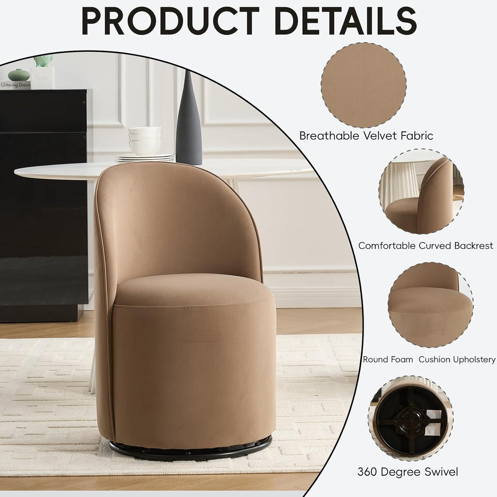 360 Degree Swivel Barrel Chair Set of 2, Mid Century Modern Round Velvet Dining Chair Comfy Upholstered Accent Chair Makeup Vanity Side Chair for Kitchen & Dining Room Living Room Bedroom (Brown)