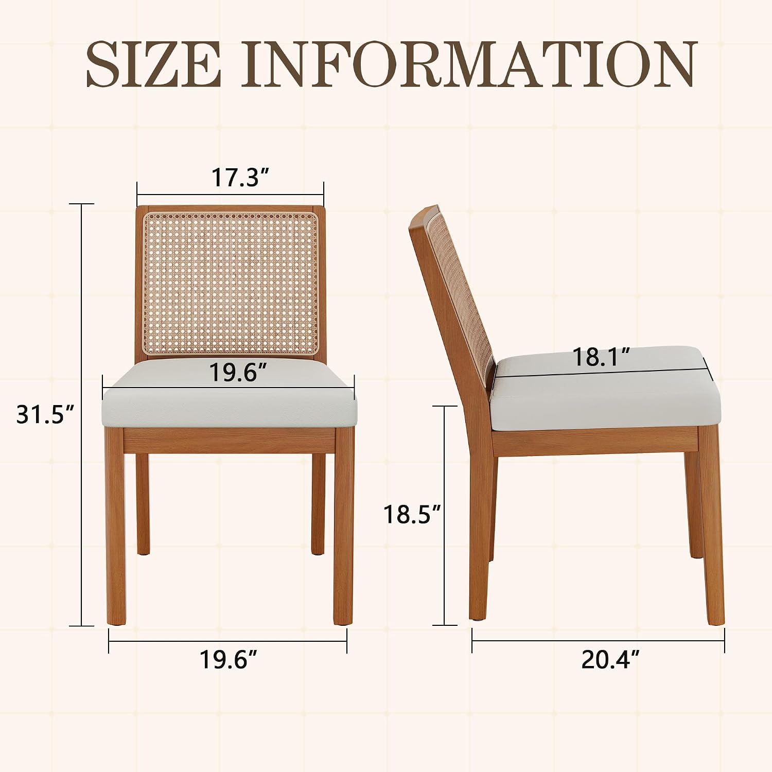 Andeworld Farmhouse Natural Rattan Dining Chairs Set of 6, Upholstered Mid Century Modern Kitchen Dining Room Side Chairs, Armless Faux Leather Kitchen Chairs with Wood Frame, Beige