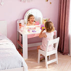 Teckid Kids Vanity Table and Chair Set with Lighted USB Mirror & Shelf | 3-mode USB lighted mirror with USB port. Open bookshelf. Small shelf below. Round corners. Stable stool. Easy to clean