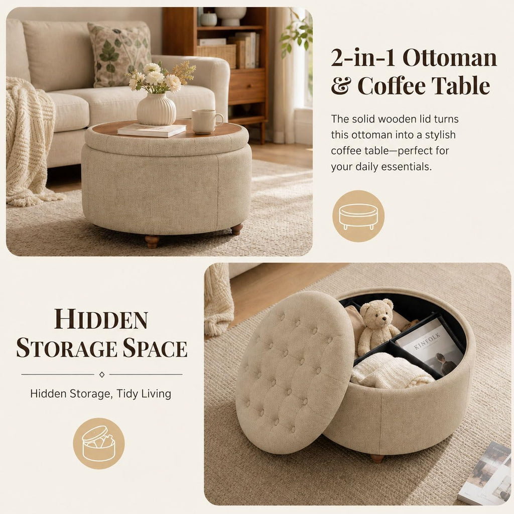 25" Round Ottoman with Storage, Small Coffee Table with Reversible Tray Lid | Tufted Fabric Round Storage Ottoman with Solid Wood Legs, 3-in-1 Footrest for Living Room, Bedroom, Entryway, Coffee