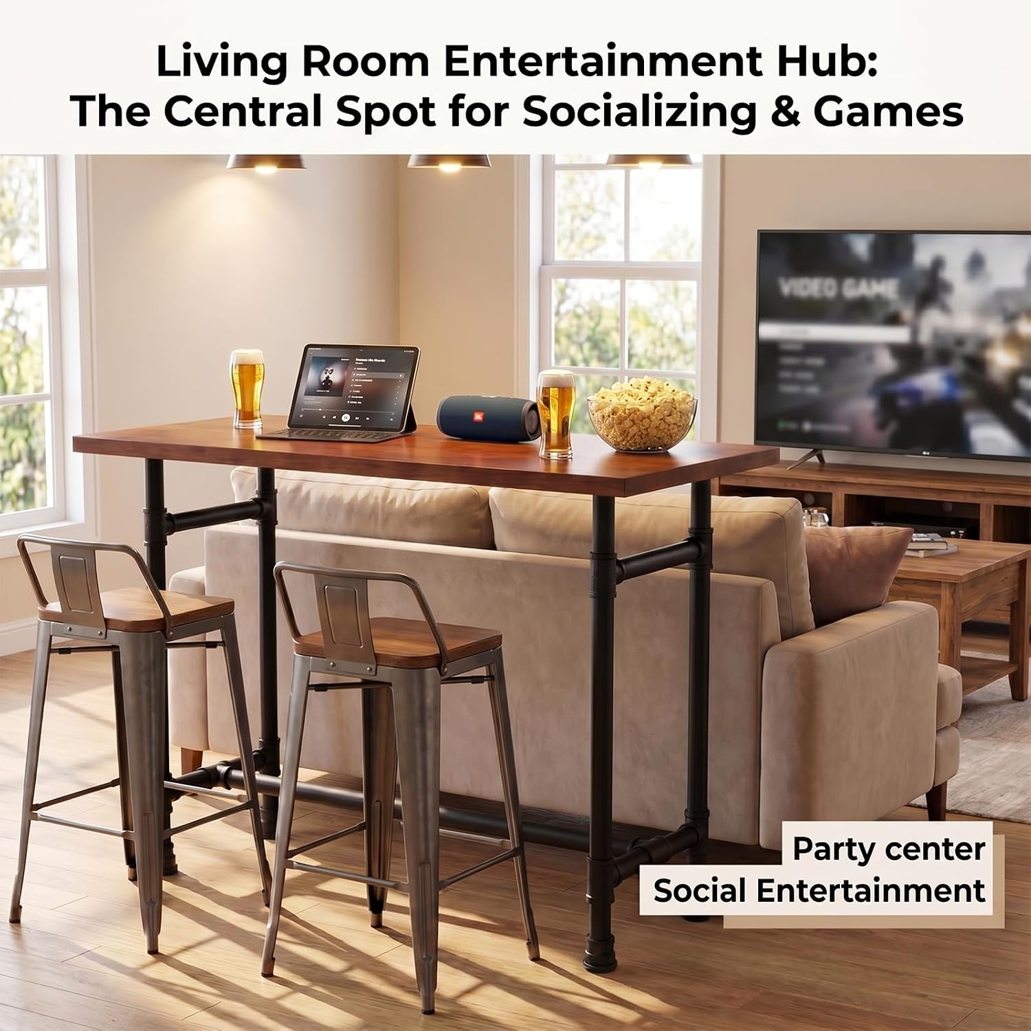 Industrial Pipe Small Dining Table for Two, 31.5" Compact Bar Table with Solid Wood Top & Thick Metal Legs, Stable Pub Table for Small Spaces, Home Bar, WFH Desk, 200+ lbs Capacity (Brown/Black)
