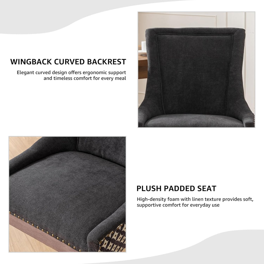 Modern Dining Chairs Set of 6, Fabric Upholstered High Back Chairs with Nailhead Trim and Curved Solid Wood Legs, Sillas de Comedor Accent Chairs for Dining Room, Black & Patterned