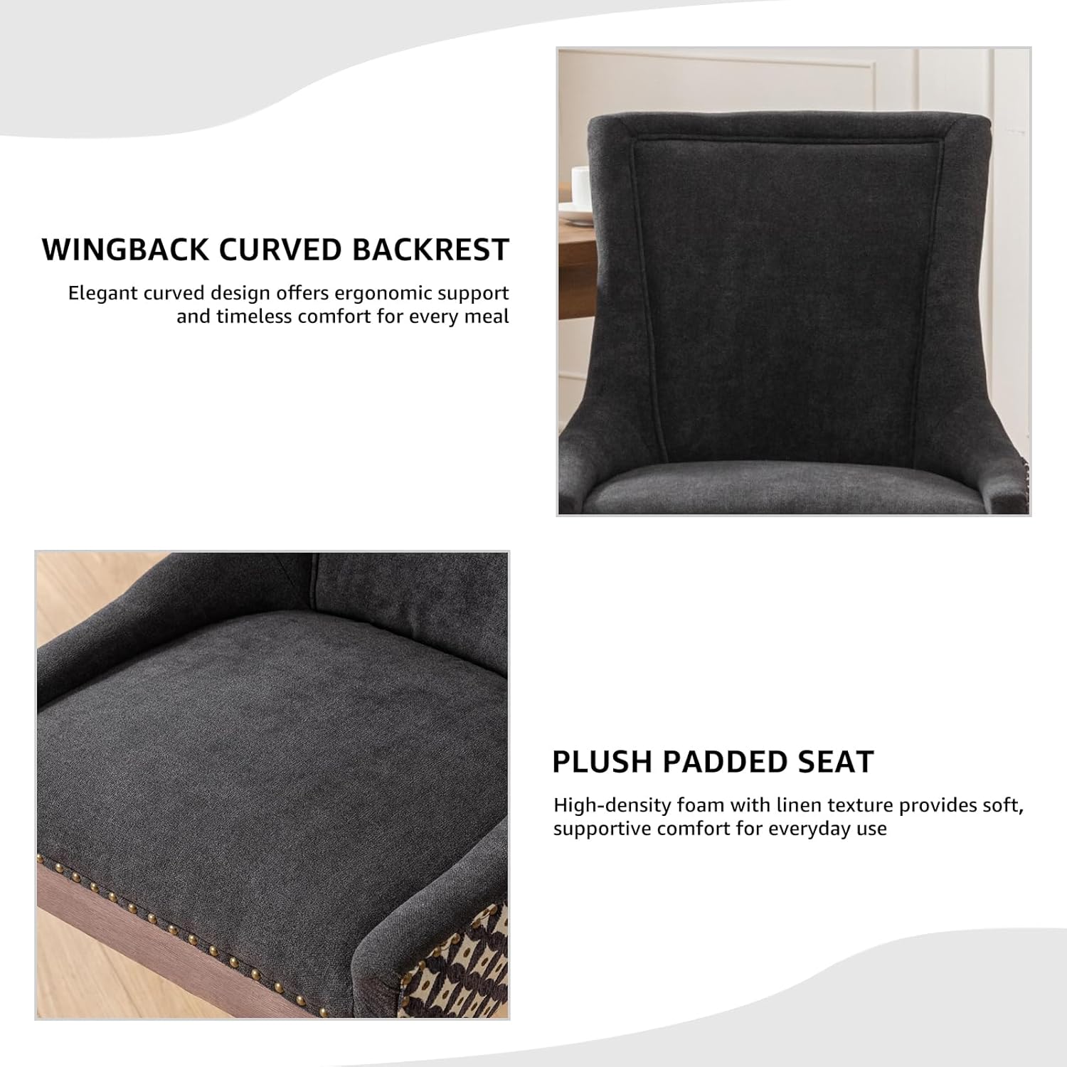 Modern Dining Chairs Set of 6, Fabric Upholstered High Back Chairs with Nailhead Trim and Curved Solid Wood Legs, Sillas de Comedor Accent Chairs for Dining Room, Black & Patterned