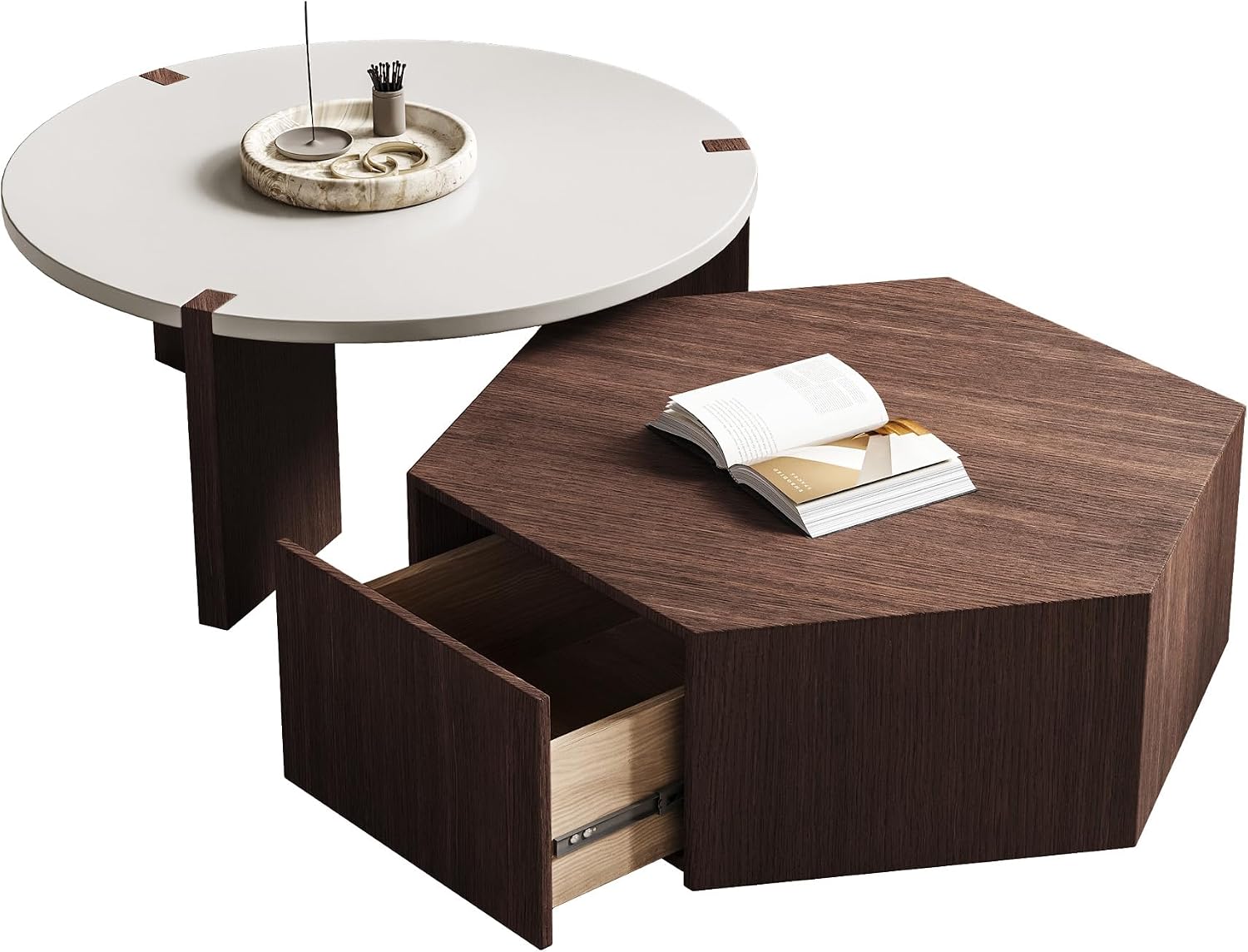 Round Nesting Coffee Table for Living Room, Hexagonal Side Table Set | White Lacquer Finish Center Tabletop | Pine Veneer End Table | Set of 2 | Living Room Decor | Stackable Design | Space-Saving