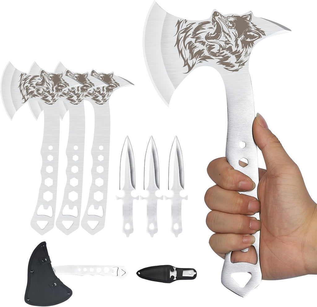 Throwing Axe and Tomahawk 3 Pack Protective Nylon Sheath with Built-in Corkscrew,10.4" Full Tang Stainless Steel Throwing Tomahawk Silver