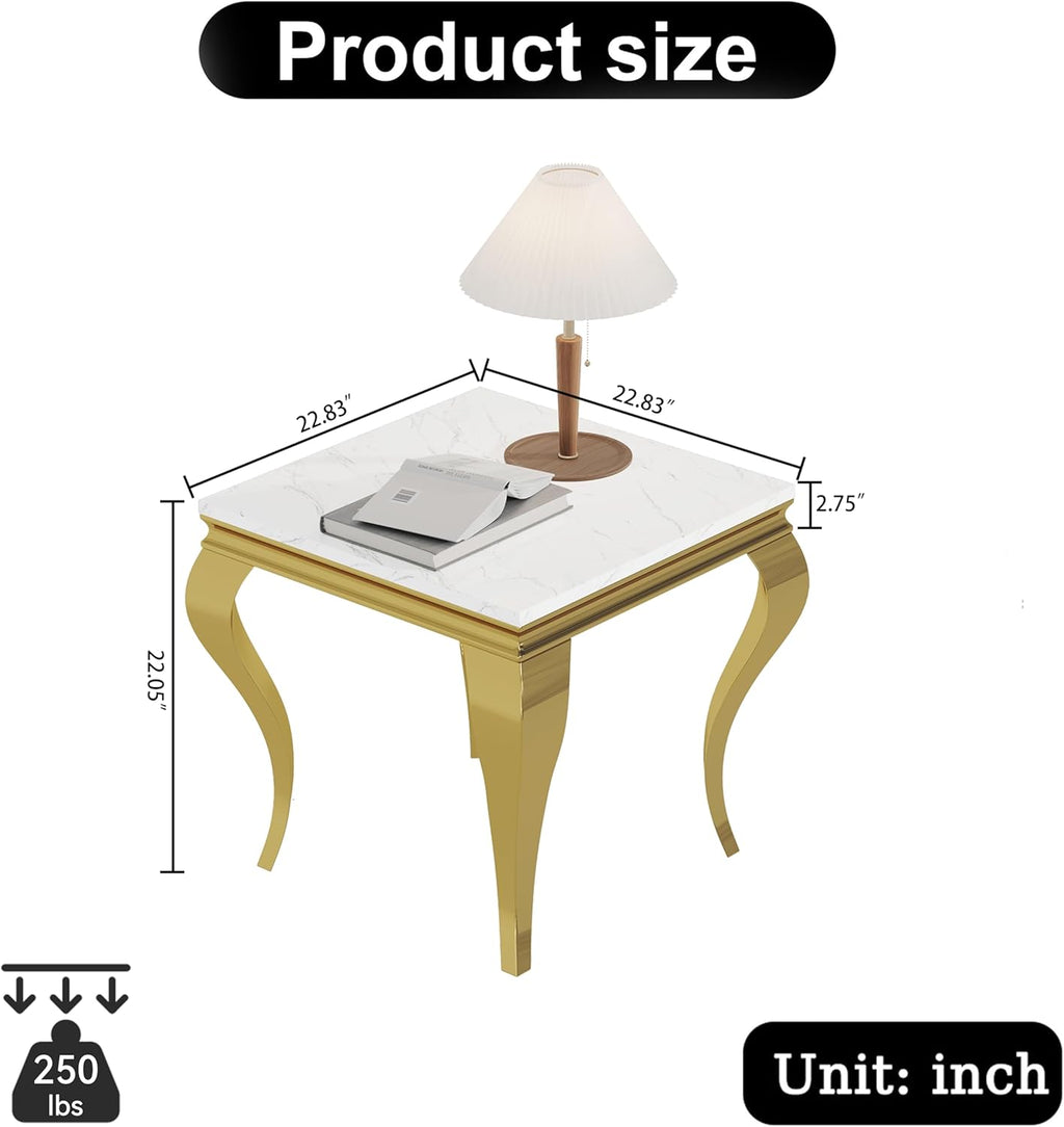 Marble End Table, Modern White Faux Marble Sofa Side Table with Gold Stainless Steel Legs, Luxury Sqaure Accent Side Table Bedside Table Nightstand for Living Room Bedroom Office