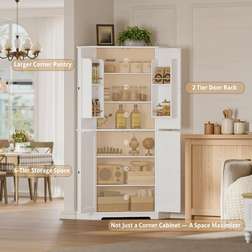 IRONCK Corner Cabinet, 72" Farmhouse Pantry Storage Cabinet, White | 6 Tiers Kitchen Pantry with 2 Adjustable Shelves, 240° Swivel Doors and Storage Rack for Kitchens, Dining rooms, Living rooms