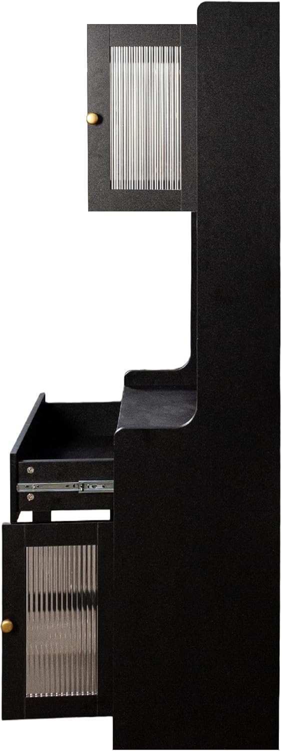 Black Kitchen Pantry Hutch Cabinet with Microwave Stand - Farmhouse Buffet Sideboard with Drawers & Storage Shelves, Freestanding Coffee Bar Cabinet for Dining Room & Kitchen
