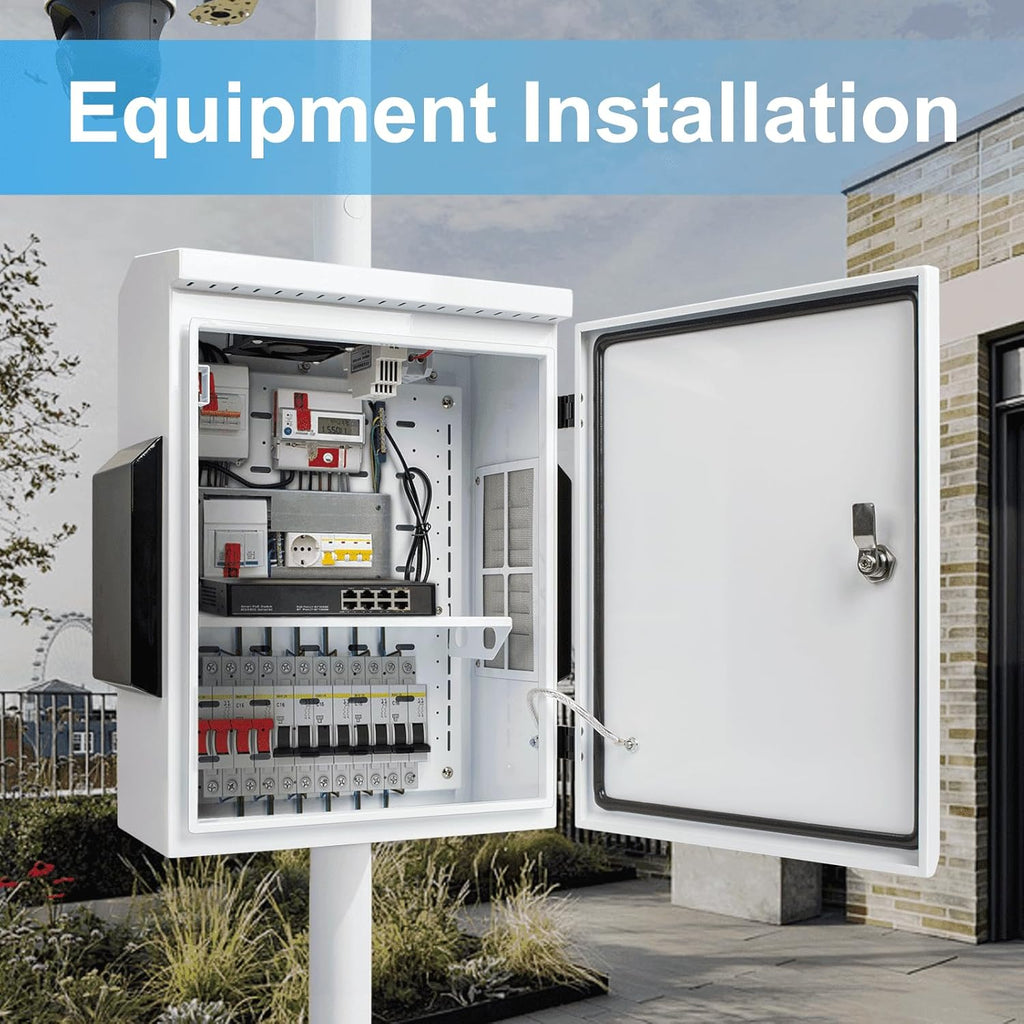 Outdoor Electrical Box with Thermostat and Fan, Cold-Rolled Steel Plate, Aluminum Alloy Back Beam, One-Piece Ventilation Design, IP65 Waterproof, Wall/Pole Mounted. (19.6" x 15.7" x 7.9")