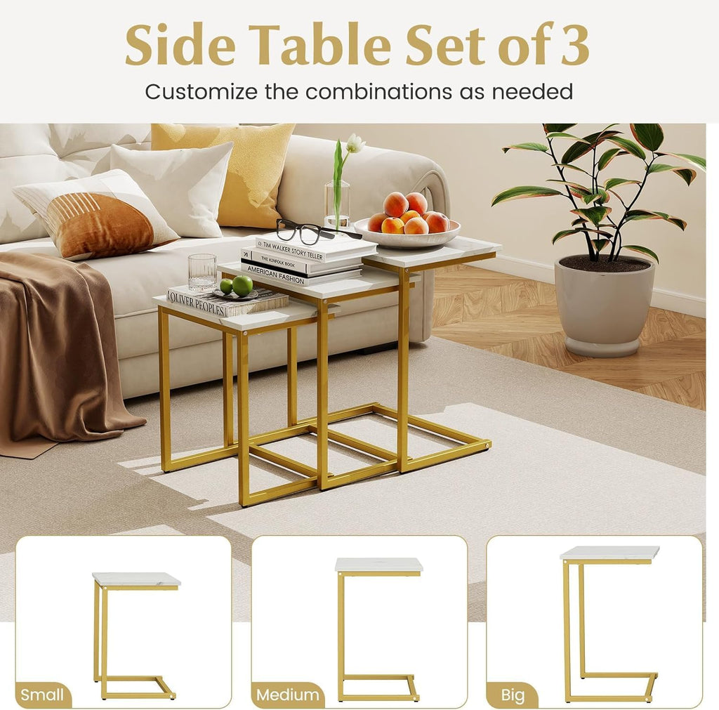 3-Piece Nesting Coffee Table Set, Stackable C-Shape (White Gold) | Faux Marble Top, Robust Steel Frame, Adjustable Foot Pads, Farmhouse Accent, for Living Room, Bedroom, Small Spaces