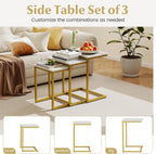 3-Piece Nesting Coffee Table Set, Stackable C-Shape (White Gold) | Faux Marble Top, Robust Steel Frame, Adjustable Foot Pads, Farmhouse Accent, for Living Room, Bedroom, Small Spaces