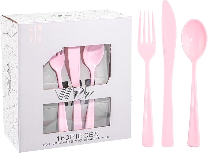 WDF 160 Piece Pink Plastic Silverware - Heavy Duty Pink Silverware Includes 80 Forks, 40 Spoons, 40 Knives, Plastic Utensils Perfect for Wedding, Party