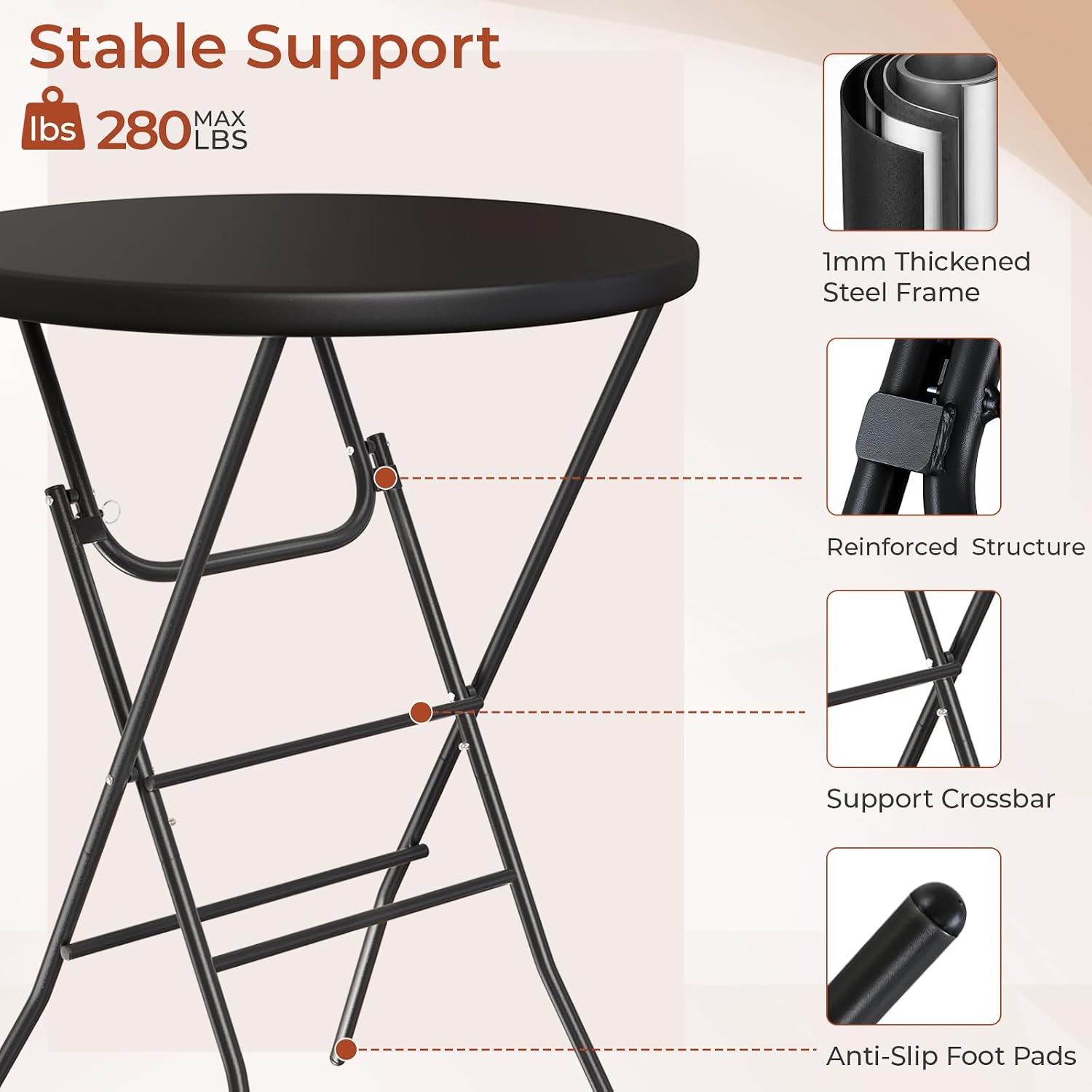 TLSUNNY 4Pcs 32" Folding Round Cocktail Table, High Top Bar Table, Black | Portable Folding Chair for Saving Space, with Locking Leg,Stable Crossbar,for Party, Commercial Events,Bistro,Indoor,Outdoor