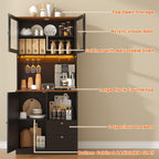 71" Tall Coffee Bar Cabinet with Storage Hutch, Farmhouse Kitchen Pantry Cabinet with LED Lights Microwave Stand and Glass Holder for Home Dining Room Kitchen (Black)