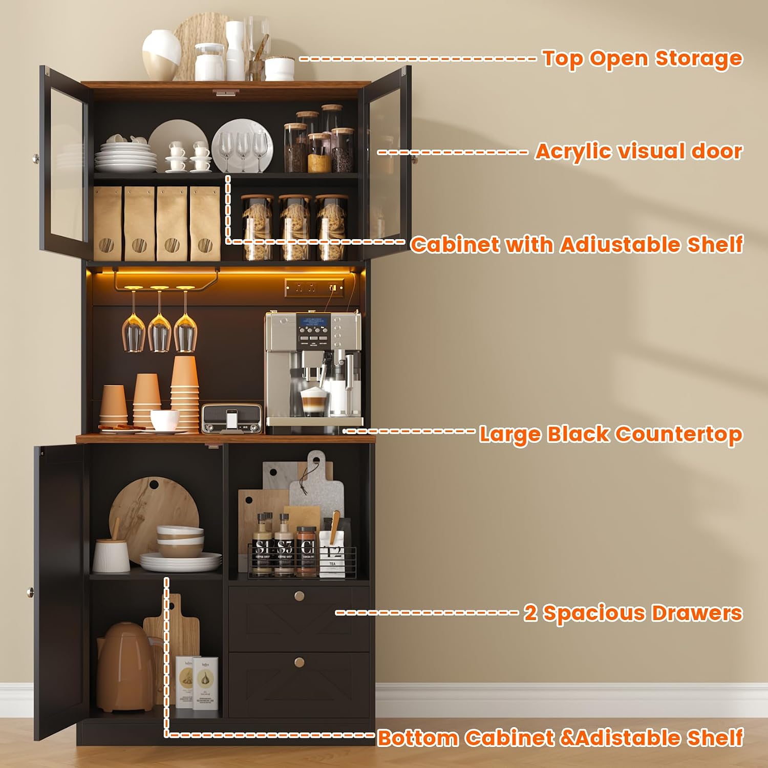 71" Tall Coffee Bar Cabinet with Storage Hutch, Farmhouse Kitchen Pantry Cabinet with LED Lights Microwave Stand and Glass Holder for Home Dining Room Kitchen (Black)